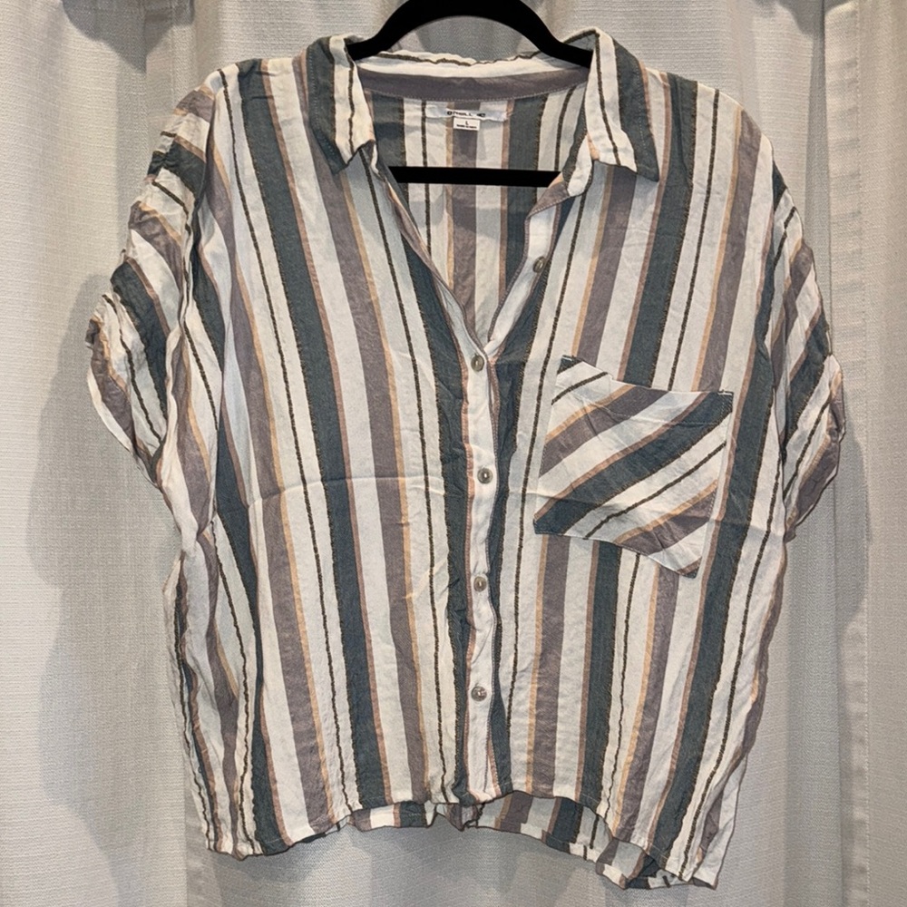 O'Neill White and Blue Boxy Button Down Stripe Shirt